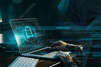 Cyber security concept. Internet crime. Hacker working on a code and network with lock icon