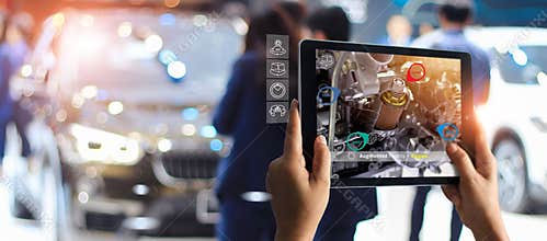 Augmented reality concept. AR. Industrial 4.0 , Hand of engineer holding tablet using virtual AR