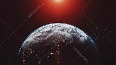 Planet earth orbit zoom in red sunlight radiance
