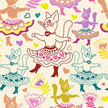 Baby seamless pattern with cartoon cats in doddle style.