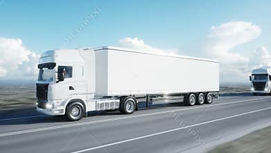 Convoy of white trucks. semi trailer on the road, highway. Transports, logistics concept. 4K realistic animation.