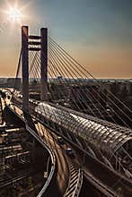 Suspension bridge at sunset urban modern landmark aerial view