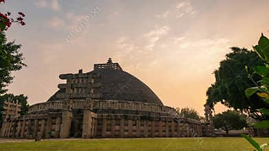 Time lapse Sanchi Stupa, Madhya Pradesh, India. Ancient buddhist building, religion mystery,