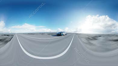 Black futuristic electric car on highway in desert. Very fast driving. Concept of future. 360 degrees, VR spherical