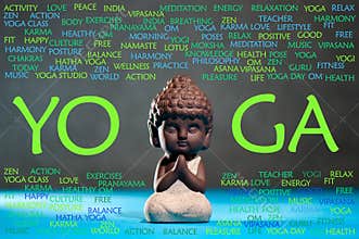 Yoga and Meditation Concept. Baby buddha meditate, with word cloud
