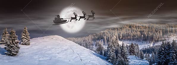 Christmas eve background, fairytale scene with Santa on the sleigh and reindeer flying on the sky