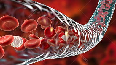 Blood flow, red blood cells and leukocytes moving along blood vessel