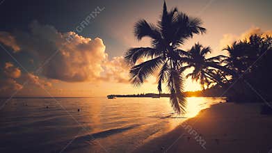 Sunrise sea view and tropical island beach with palm trees. Punta Cana Dominican Republic