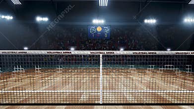 Empty professional volleyball court in lights