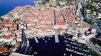 Dubrovnik aerial flying view, historic town in Croatia