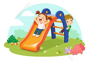 Cute kids having fun on slide in playground