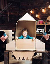 Education and kid idea development. Happy independence day of the usa. Small boy play in paper rocket, childhood. Dream