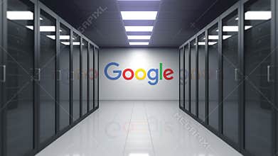 Google logo on the wall of the server room. Editorial 3D animation