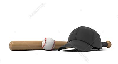 3d rendering of a white baseball with red stitching, black baseball cap and wooden bat on white background.