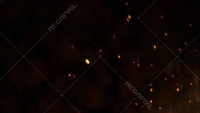 Realistic large fire with hot sparks rise in the night sky. Burning flame on an abstract background with a light