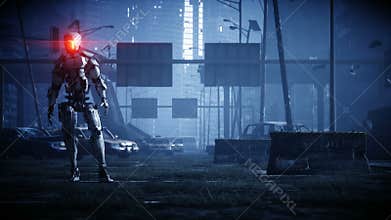 Military robot in destroyed city. Future apocalypse concept. Realistic 4k animation.