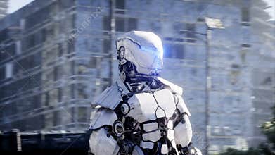 Military robot in destroyed city. Future apocalypse concept. Realistic 4k animation.