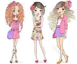 Three hand drawn beautiful cute cartoon summer girls.
