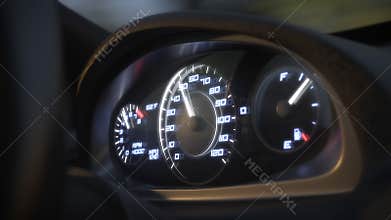 Dashboard in the car. Speedometer and moving,featuring lights leaks. 3d rendering, animation.