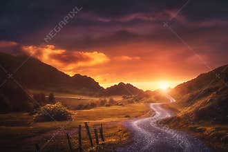 Landscape background with path in Urkiola at sunset