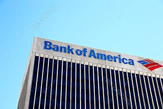 Sign of the Bank of America.Advertisement billboard displaying logo of Bank of America
