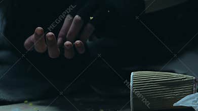 Homeless girl counting coins closeup, orphan beggar going to buy food, hunger