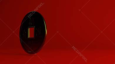 Gold Feng Shui coin spinning on red background