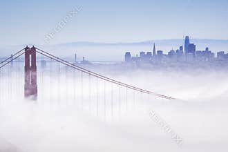 Golden Gate and the San Francisco bay covered by fog, the financial district skyline in the background, the Salesforce tower