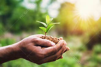 hand holding young plant and green background with sunshine. eco concept earth day