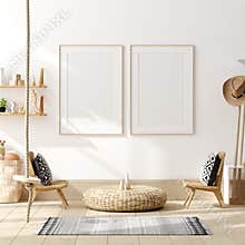 Mock up poster, wall in children bedroom interior background, Scandinavian style