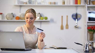 Pretty girl buying food online, courier instantly brings purchase, fast service
