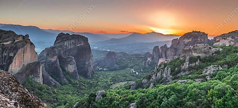 Panoramic view of the monasteries of Meteora at sunset