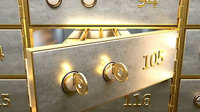 Safety deposit box with gold bars inside opened by two golden keys