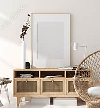 Mock up frame in home interior background, beige room with natural wooden furniture, Scandinavian style
