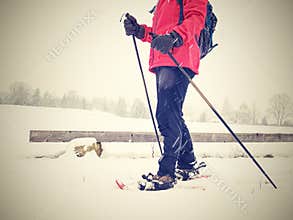 Woman snowshoeing in snow fall. Dark grey clouds