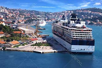 Cruise ship on the background of the Dubrovnik