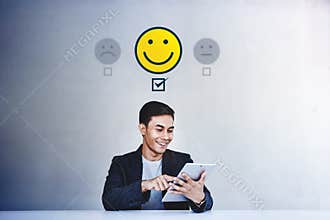 Customer Experience Concept. Young Businessman Giving his Positive Review in Satisfaction Online Survey. Happy Client