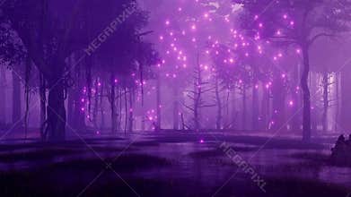 Fairy firefly lights in marshy night forest 4K