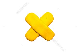Yellow cross pointer isolated. Modelling clay navigation sign on white background.