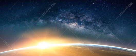 Landscape with Milky way galaxy. Sunrise and Earth view from spa