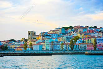 Lisbon Skyline, Colorful Hill Buildings, Cathedral Towers, Alfama and Castle Neighborhoods