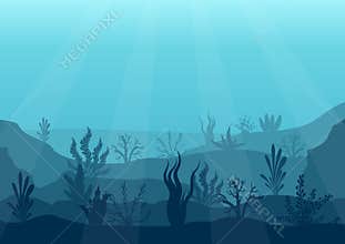 Underwater ocean scene. Deep blue water, coral reef and underwater plants. Marine sea bottom silhouette with seaweed