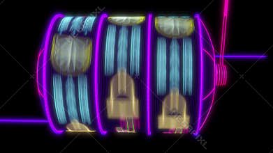 Neon slot machine hitting a 777 jackpot. 4K