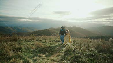 Fall on Max Patch Mountain Appalachian Mountains, Tennessee & North Carolina, young couple, woman in yellow dress