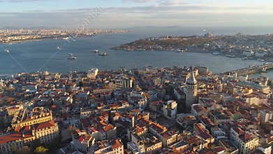 Aerial drone shot of sunset in Istanbul, Turkie. From above, city centre, downtown. Bosphorus.
