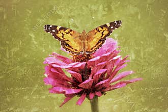 Painted Lady Butterfly spreads its wings in this antiqued photograph.