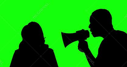 Unknown man scolding woman with megaphone