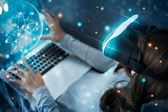 Woman with glasses of virtual reality planetarium.