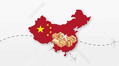 China map with cardboard boxes. Global Shipping