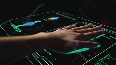 Futuristic medical biometrical scanner analysing hand check health level closeup
